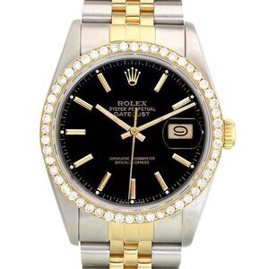 ROLEX DATEJUST BLACK INDEX DIAL 1.25CTW DIAMOND 18KY & STEEL JUBILEE WATCH 16233